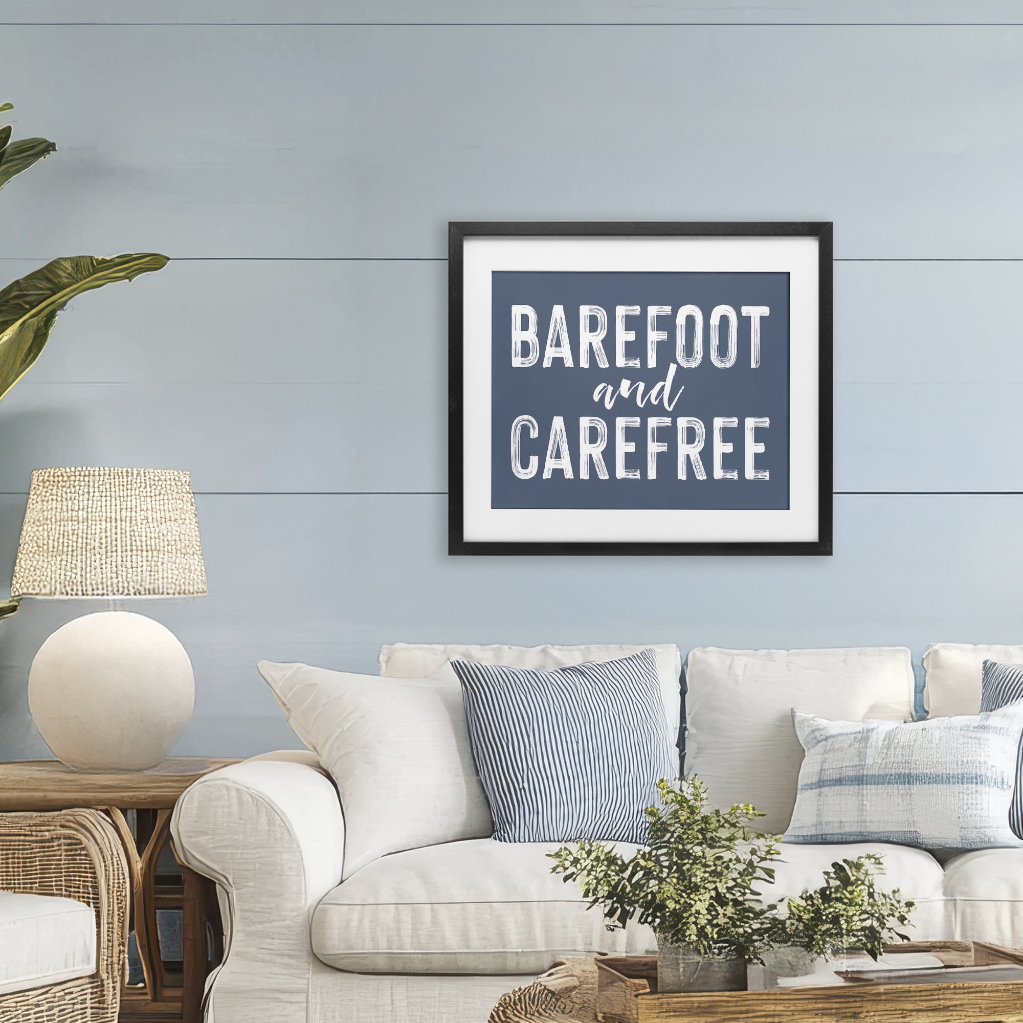 Barefoot & Carefree Blue Black Framed Print Under Glass, design by Lettered and Lined