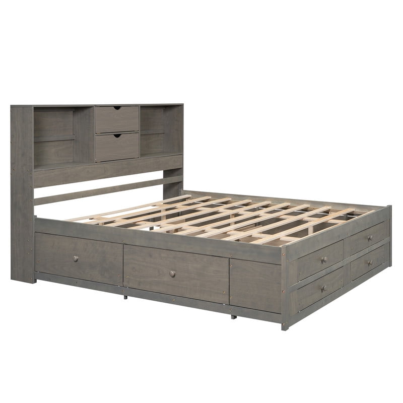 King Size Platform Bed with Bookcase Headboard, Storage Wooden Bed Frame with 8 Drawers