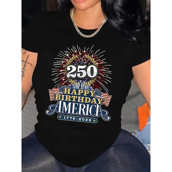 Retro 250th Anniversary Happy Birthday America 1776-2026 Patriotic Fireworks Graphic T-Shirt Women's Short Sleeve Independence Day Commemorative Tee