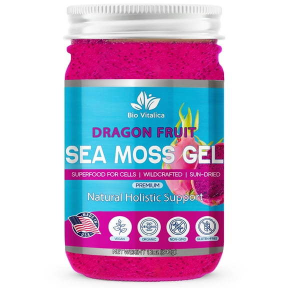 Sea Moss Gel by BioVItalica (Dragon Fruit) - Irish sea Moss Dr Sebi, Vegan superfood for Cells Wildcrafted Irish Sea Moss Gel – Rich in Minerals, Proteins & Vitamins – Antioxidant