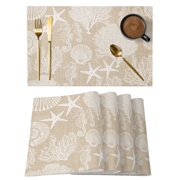 Brown Beige Coastal Placemats Set of 6 Nautical Coral Starfish Shell Seahorse Ocean Place Mats Indoor Wipeable Table Mats Washable Dining Table Placemats for Kitchen Holiday Party Decor 13x19 Inch