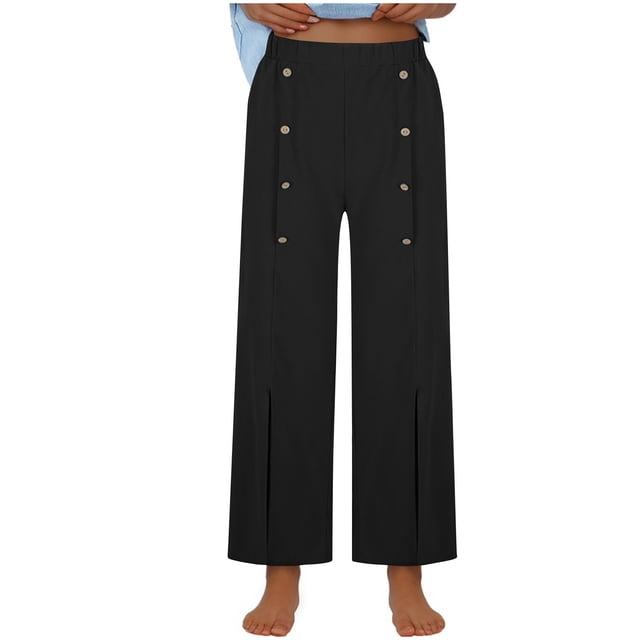 Timegard Pants for Women Elastic High Waisted Button Straight Leg Solid Color Casual Loose Comfy Pants