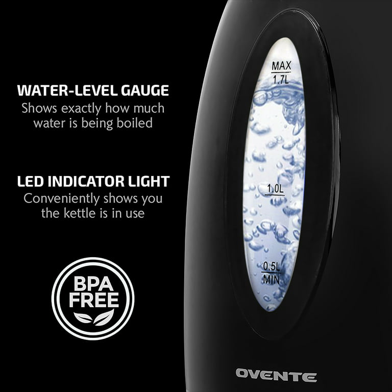 OVENTE Electric Glass Hot Water Kettle, 1.7 Liter, Blue LED Light  Borosilicate Glass, ProntoFill Technology, Bonus of Portable Reusable Pour  Teapot