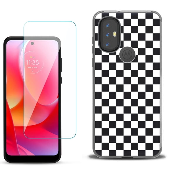 Slim-Fit Gel TPU Phone Case for Motorola Moto G Power 2022, with Tempered Glass Screen Protector, by OneToughShield ® - Checker B/W