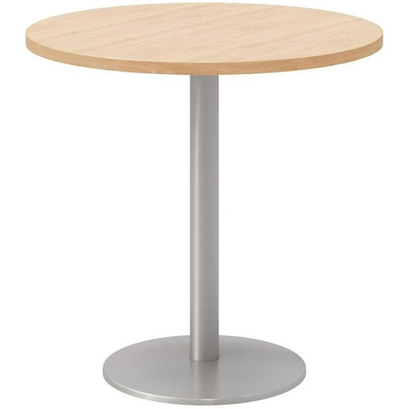 Pemberly Row 30" Round Wood Top Pedestal Dining Table in Maple and Silver