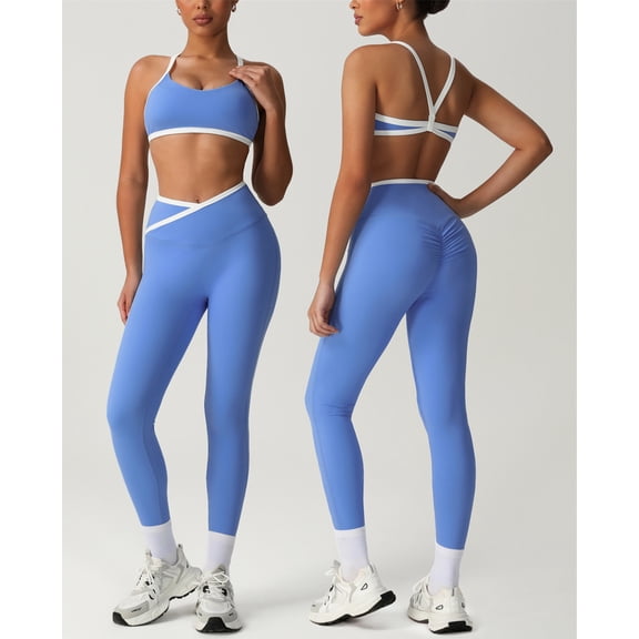 PISONIC Women's Workout Sets 2 Piece - Seamless Cross Yoga Leggings and Sports Bra Gym Outfits Activewear Matching Set