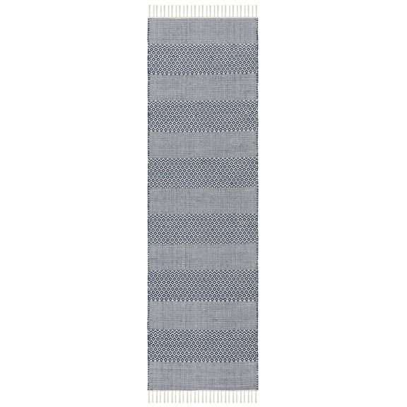 SAFAVIEH Montauk Karlene Geometric Cotton Runner Rug, Ivory/Navy, 2'3" x 20'