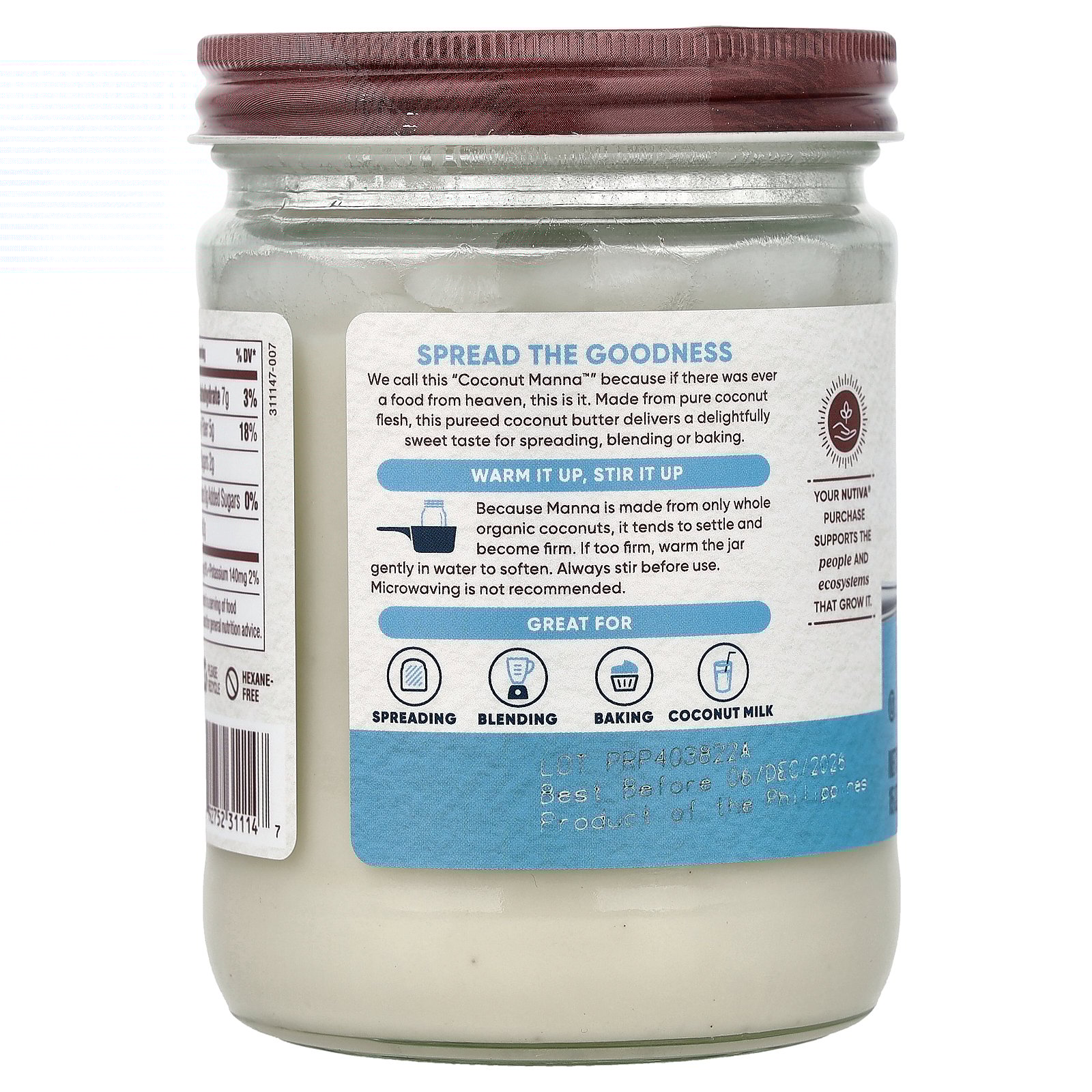 thumbnail image 2 of Nutiva Organic Coconut Manna Puréed Coconut Butter, 15 Oz, USDA Organic, Non-GMO, Vegan, Gluten-Free & Keto, Creamy Spread for Smoothies, Oatmeal, Curries & Coconut Milk, 2 of 4