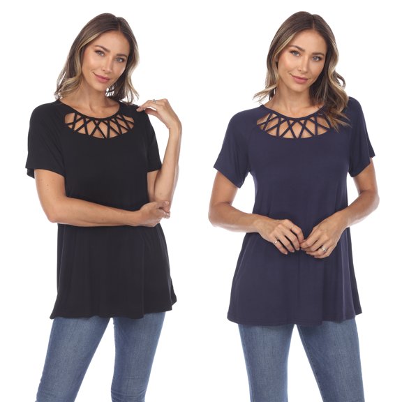White Mark Women's 2 Pack Black Crisscross Short Sleeve Top