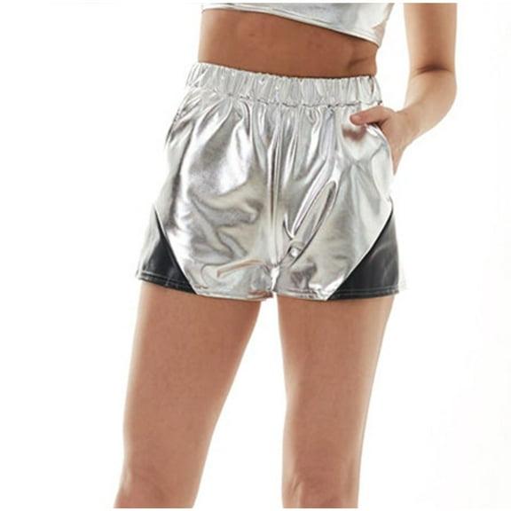 Wycnly on Sale Shorts for Women Party Club Sparkly Shorts for Women Summer Fashion Elastic Waist Loose Straight Leg Shorts Fashion Color Patchwork Girls Ladies Leather Short Pants