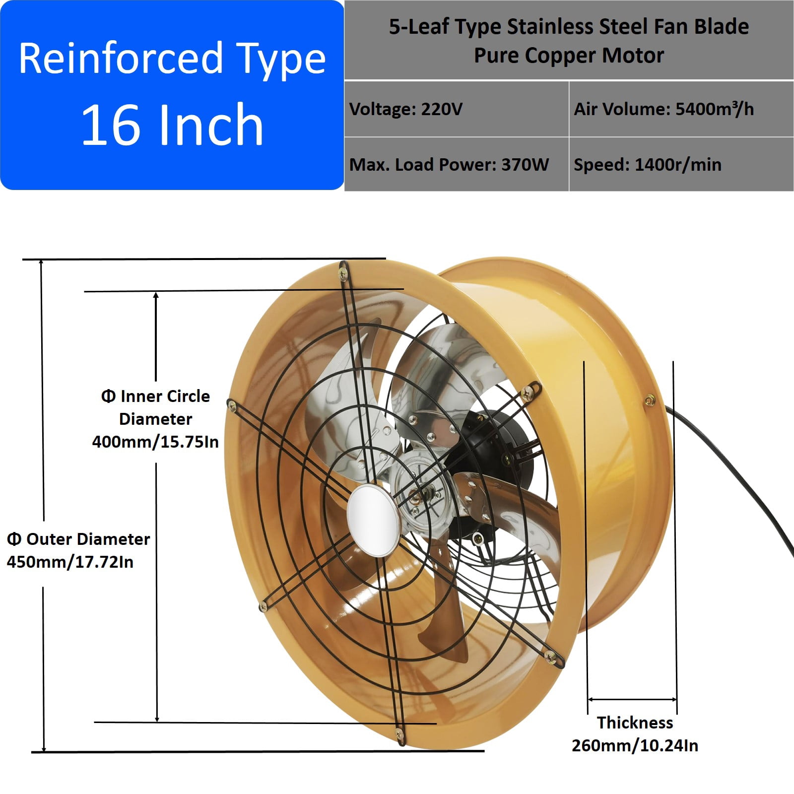 16" Cylinder Explosion Proof Axial Pipe Fan Wall Mounted Ventilator for Kitchen Warehouse 220V