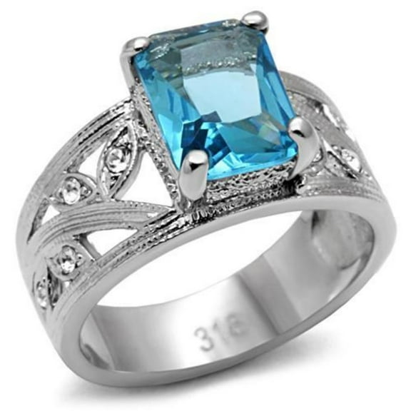 Luxe Jewelry Designs Women's Stainless Steel Engagement Ring with Aquamarine Synthetic Glass Stone -
