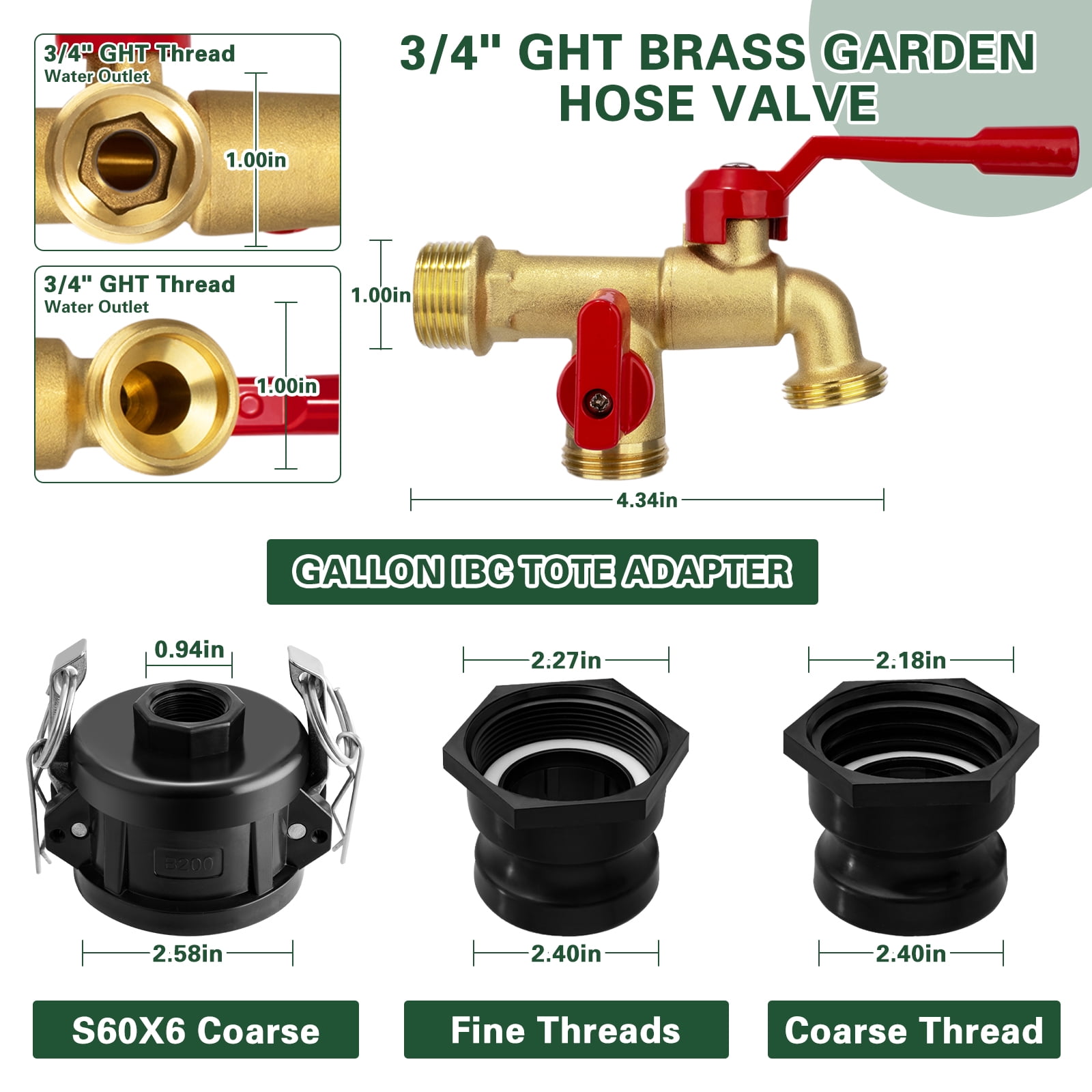 IBC Tote Hose Adapter Camlock Fitting Kit, Brass Dual Outlet Garden Hose Valve, Fits 2.44" Fine 2" NPS S60X6 Threads for Water Tank Irrigation