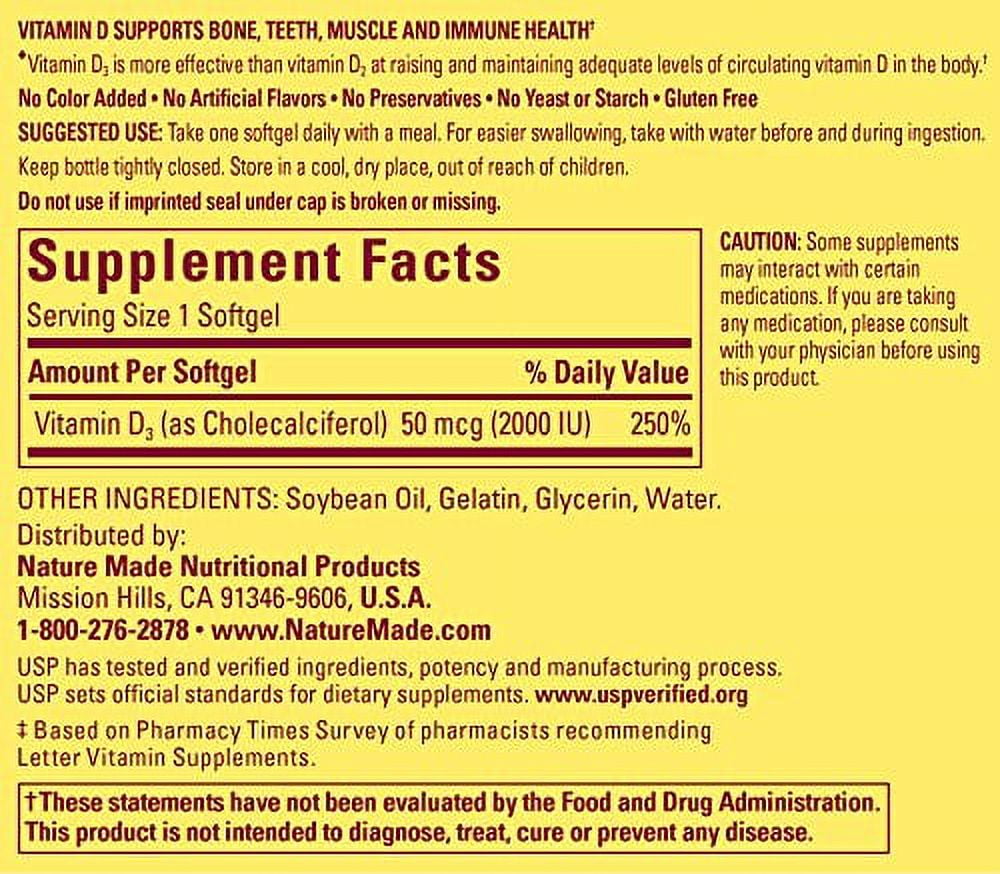 Nature Made Vitamin D3 2000 IU (50 mcg) Softgels, 250 Count Everyday Value Size for Bone Health? (Packaging May Vary)