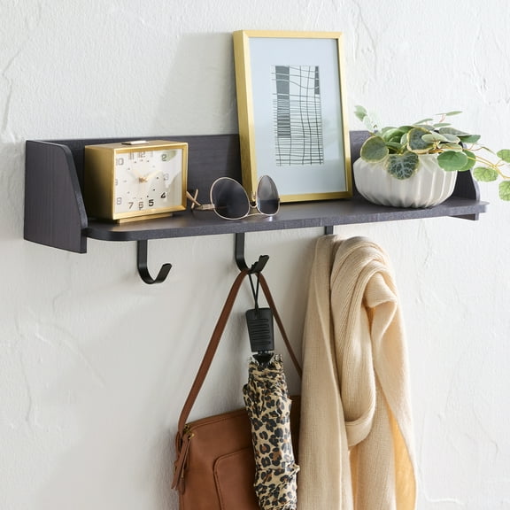 Better Homes & Gardens 28” Black Shelf with Black Metal Hooks