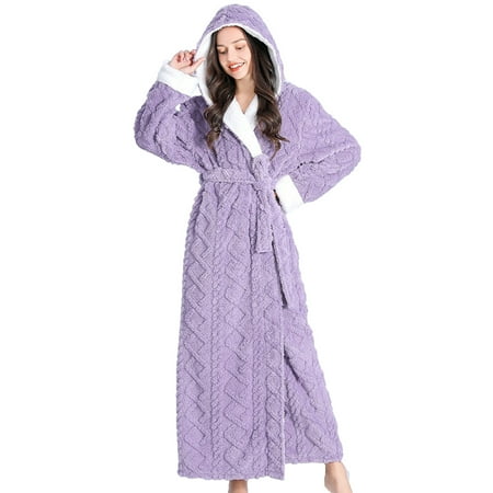 

Plush Long Hooded Robe for Women Flannel Fleece Thick Full Length Bathrobe Winter Warm Pajamas Nightgown Housecoat