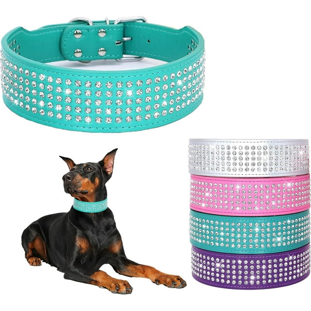1Pack Rhinestones Dog Collars-2" Wide Crystal Diamonds Studded PU Leather 5 Rows Sparkly Crystal Studded Collar for Medium and Large Dog