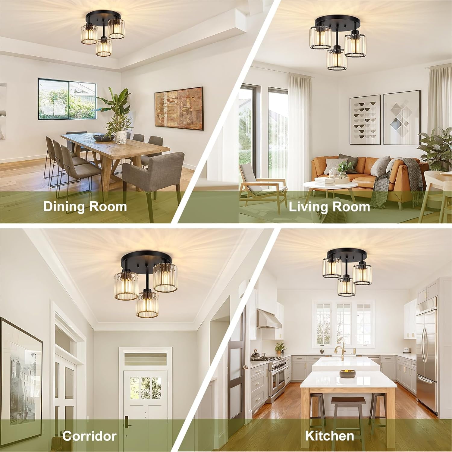 3-Light Crystal Semi Flush Mount Ceiling Light, Black Kitchen Lighting Fixtures Ceiling, Modern Hallway Light Fixtures with Clear Crystal Shades, Close to Ceiling Lamp for Bedroom Foyer Entryway