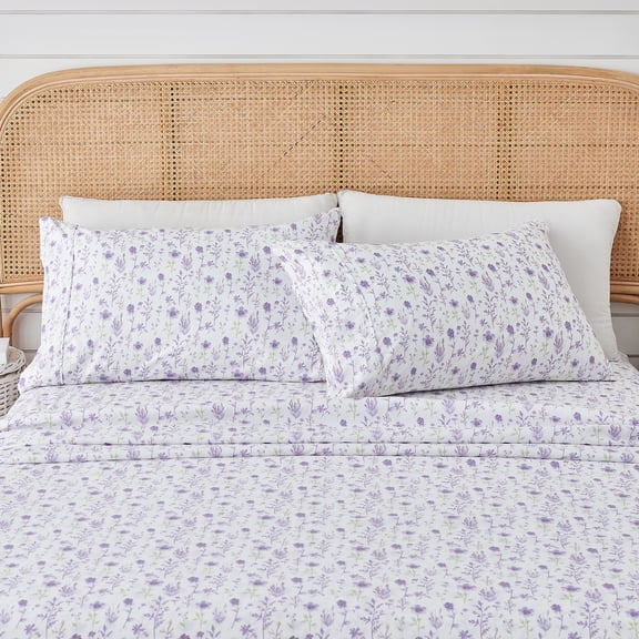 Great Bay Home Flower Printed Microfiber Sheet Set (Queen, Colorful Floral - Lavender)