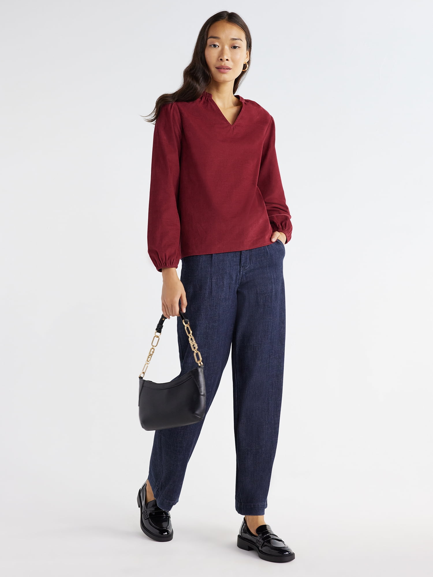 Time and Tru Women's Puff Sleeve Corduroy Top, Sizes XS-XXXL