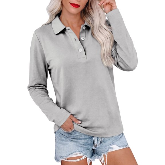 Plus Size Cotton Women Polo Work Shirts length Sleeve Button Up Lapel Collared Soft Cozy Summer Daily Casual Tops Gray XL