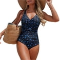 thumbnail image 2 of Minjewel Women's Tight Printed One-Piece Swimsuits, Cross Front Design & Tummy Control, Fashion Bathing Suit for Beach & Pool Vacation,Blue L, 2 of 7
