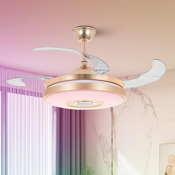Smart Ceiling Fans with Dimmable Lights, Modern 42 inch Retractable Ceilig Fan with APP Control 7 Colorful Light and Bluetooth for Dining/Living Room Bedroom