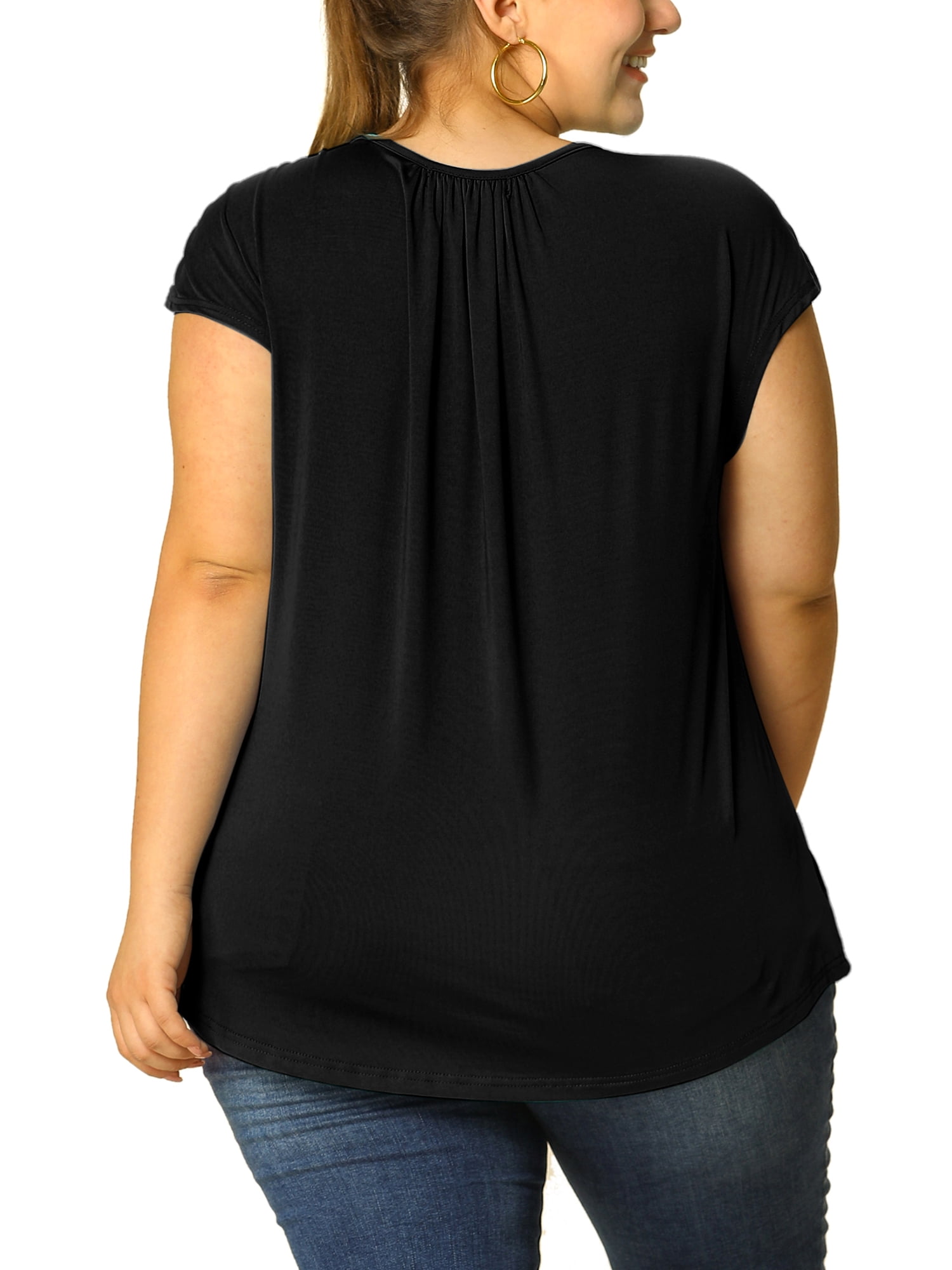 DARING DIVA Women's Plus Round Neck Ruched Short Sleeve Summer Top 3X Black