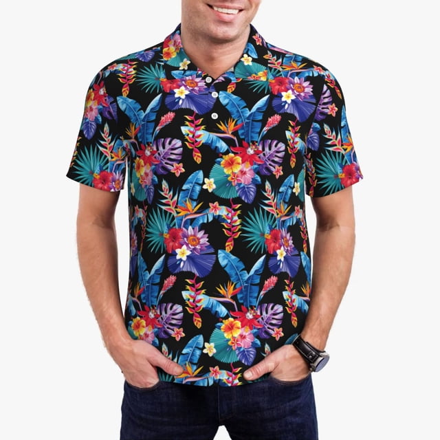 Balery Tropical Palm Leaves Camisa Polo de Hombre con Estampado, de Manga Corta y Tejido Medio, Camisa Tipo Golf Polo-Small