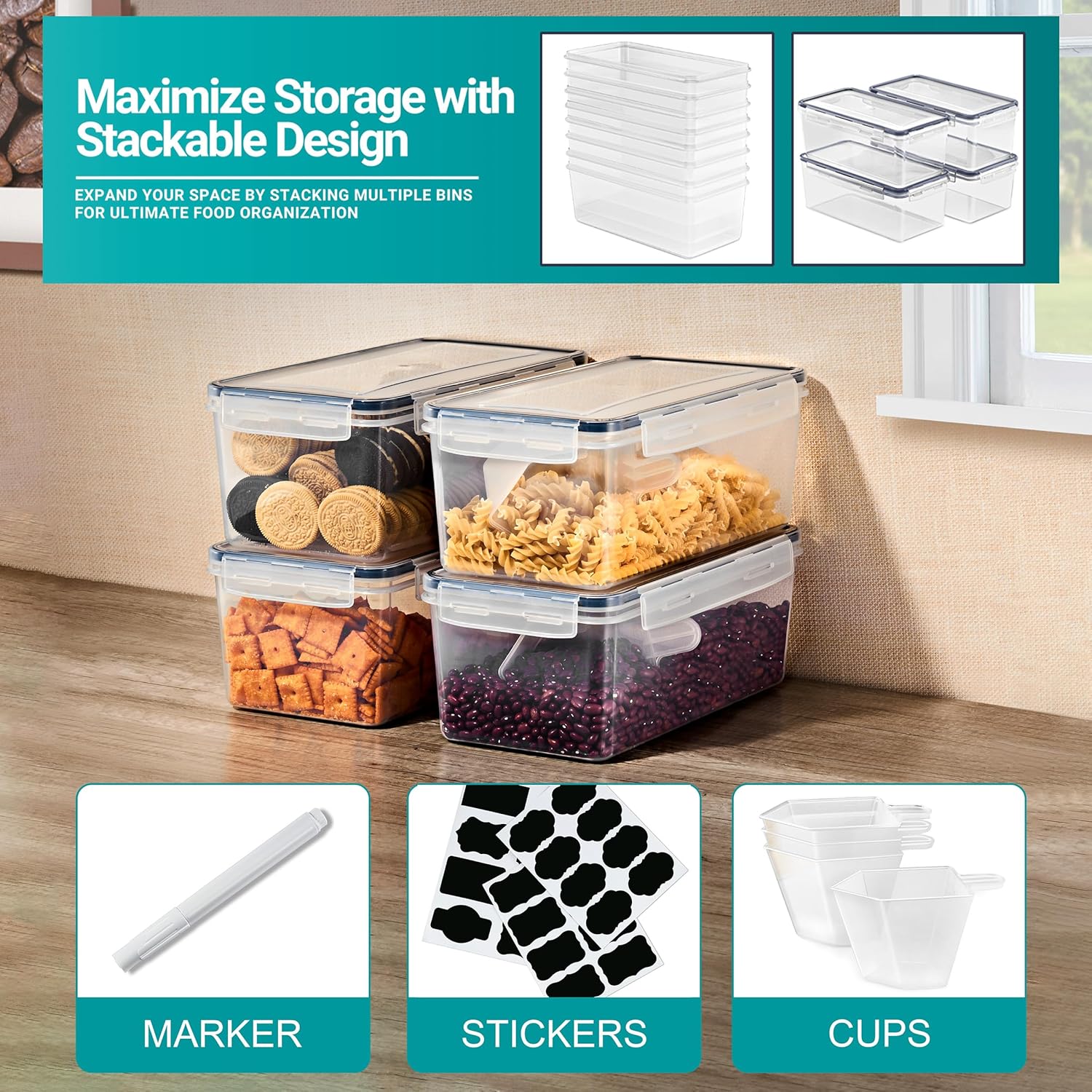 8-Piece Airtight Food Storage Containers -  Plastic Pantry Bins for Cereal Pasta Flour Nuts Candy
