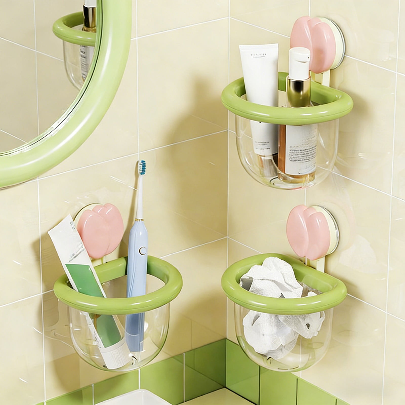Pink Suction Cup Storage Cup With Flower Shape And Green Ring For Bathroom Kitchen Wall Mount No Tools Installation With Drain Holes