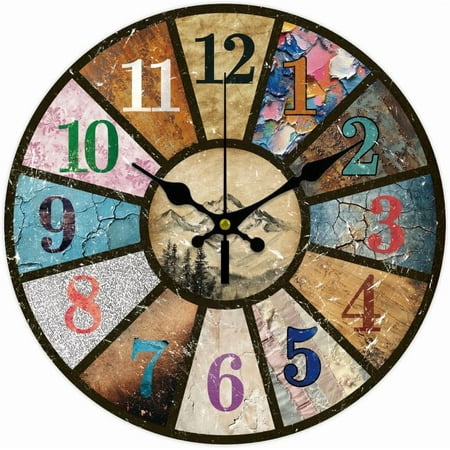1pc Retro Numbers Wall Vintage Texture Clock Mountains Non-Ticking Clock 12 Inch Round Decorative Clocks Printed Wall Clocks for Home Office Decoration Colorful