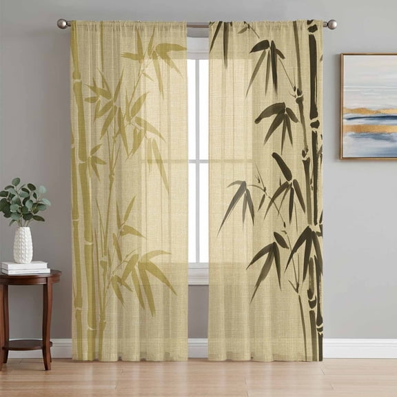 Vintage Bamboos Sheer Curtains 84 Inch Length 2 Panels Set, Ink Painting Retro Art Rustic Voile Window Treatment Rod Pocket Curtains Sheers Drapes for Bedroom/Living Room/Kitchen 52"x84"x2