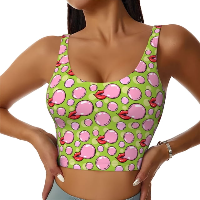 Fotbe Lips blowing bubble gum Sujetador Deportivo Largo sin Aros para Mujer con Almohadillas y Soporte Medio, Transpirable y Absorbente, Camiseta Tipo Chaleco o Tank Top-Small
