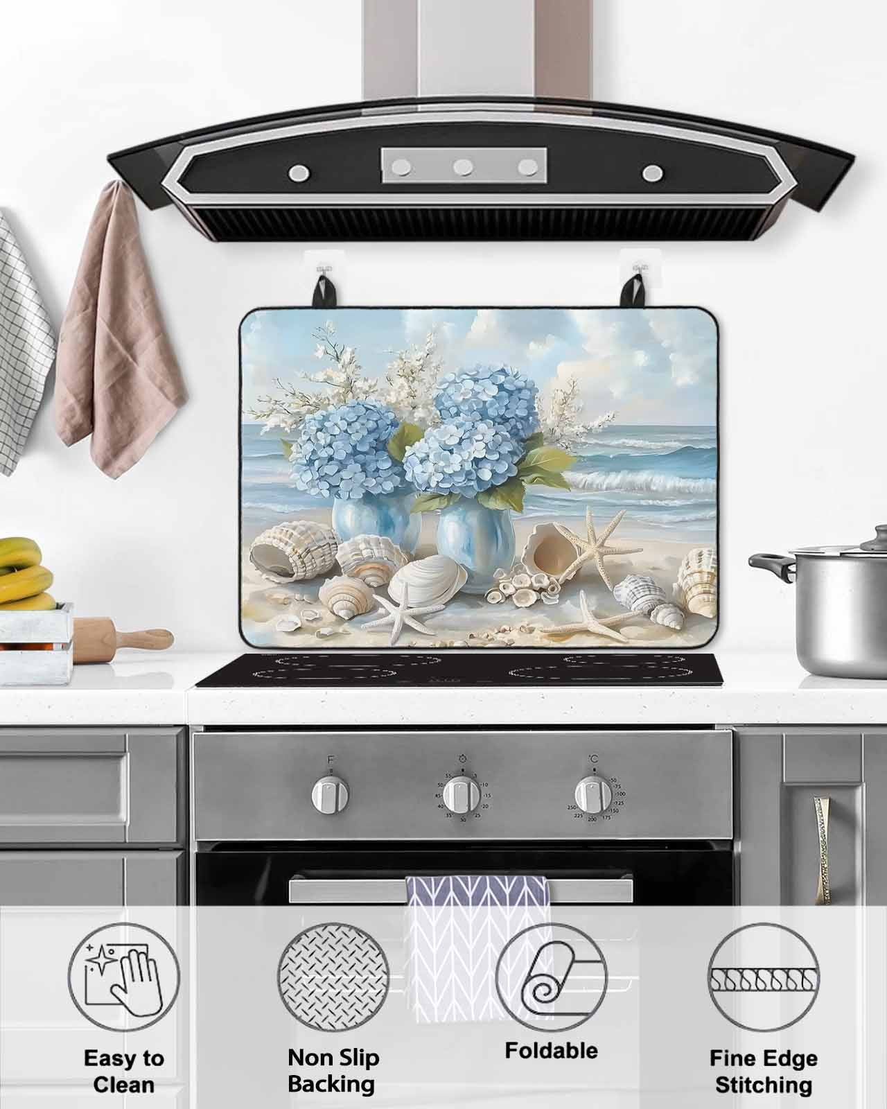 nqOlkjepod Large Induction Cooktop Protector Mat 24"x21", Hydrangeas Flowers Stove Top Covers for Electric Stove, Coastal Seaside Starfish Summer Stove Burner Cover Mats, Glass Top Stove Cover