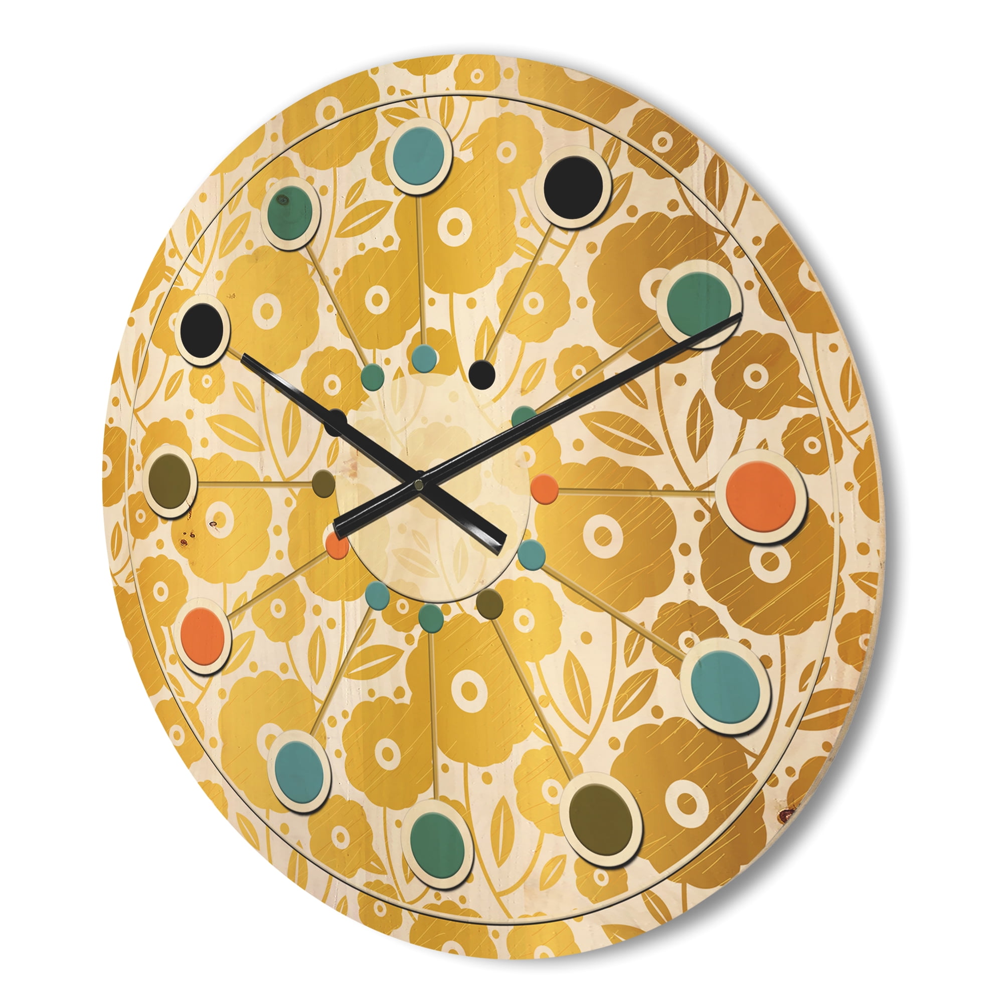 Designart 'Golden Floral Retro I ' Mid-Century Modern Wood Wall Clock