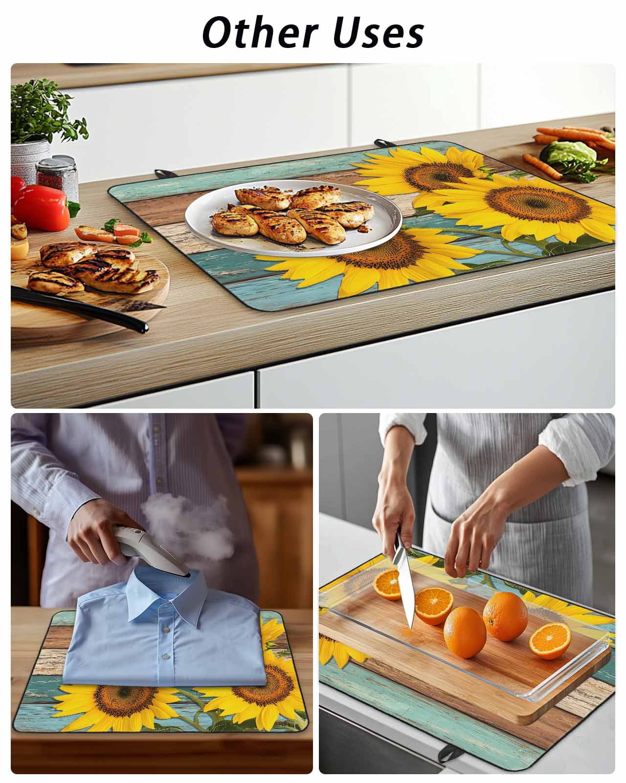 Stove Top Covers for Electric Stove, Sunflower Glass Stovetop Cover Protector, Yellow Spring Flora Botanical Teal Brown Wooden Induction Cooktop Protector Oven Mat for Kitchen Countertop 24"x21"