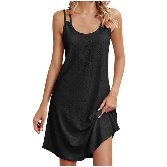 Efsteb Womens Dresses Crew Neck Eyelet Suspenders Dress Sleeveless Classic Solid Color Casual Loose Comfy Fashion Sundresses Spring Dress (Black,XL)