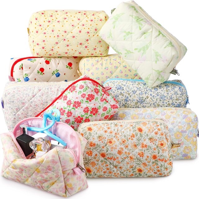 Bolsa de maquillaje Paterr acolchada de algodón con estampado floral, 10 unidades, para mujer