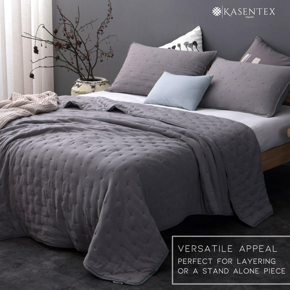 KASENTEX Quilt-Coverlet-Bedspread-Blanket-Set for All Season with Two Pillow Shams, Ultra Soft, Machine Washable, Microfiber Lightweight, Nostalgic Design - Solid Color (Queen Size, Grey)