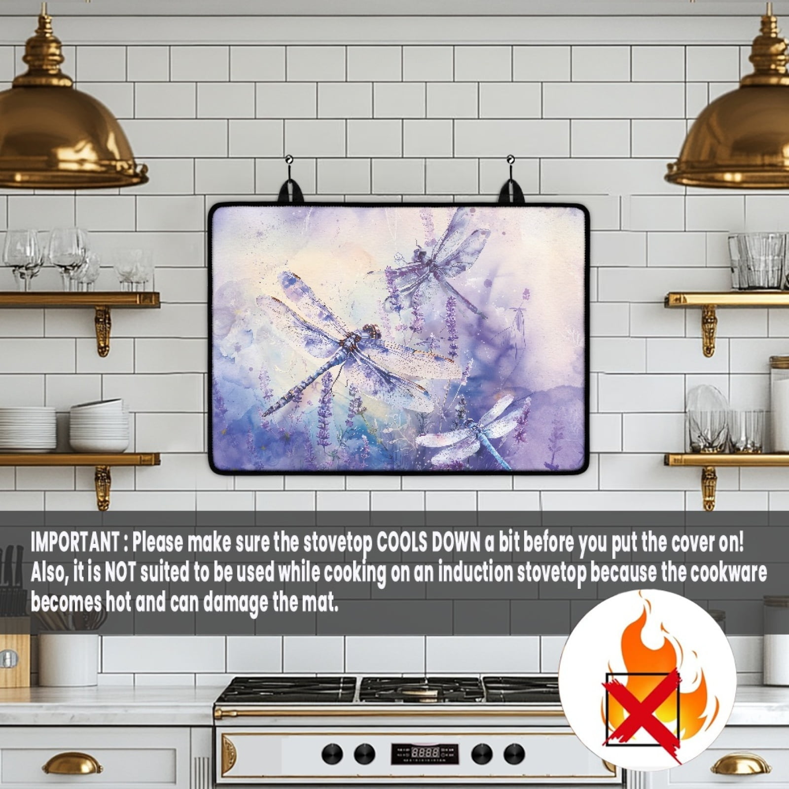 Renewold Stove Top Cover for Glass Stove Top, Ceramic Glass Stove Cover Mat Oil Resistant Prevent Scratching Oven Mat Protector Expands Usable Space, Dragonfly Lavender Violet