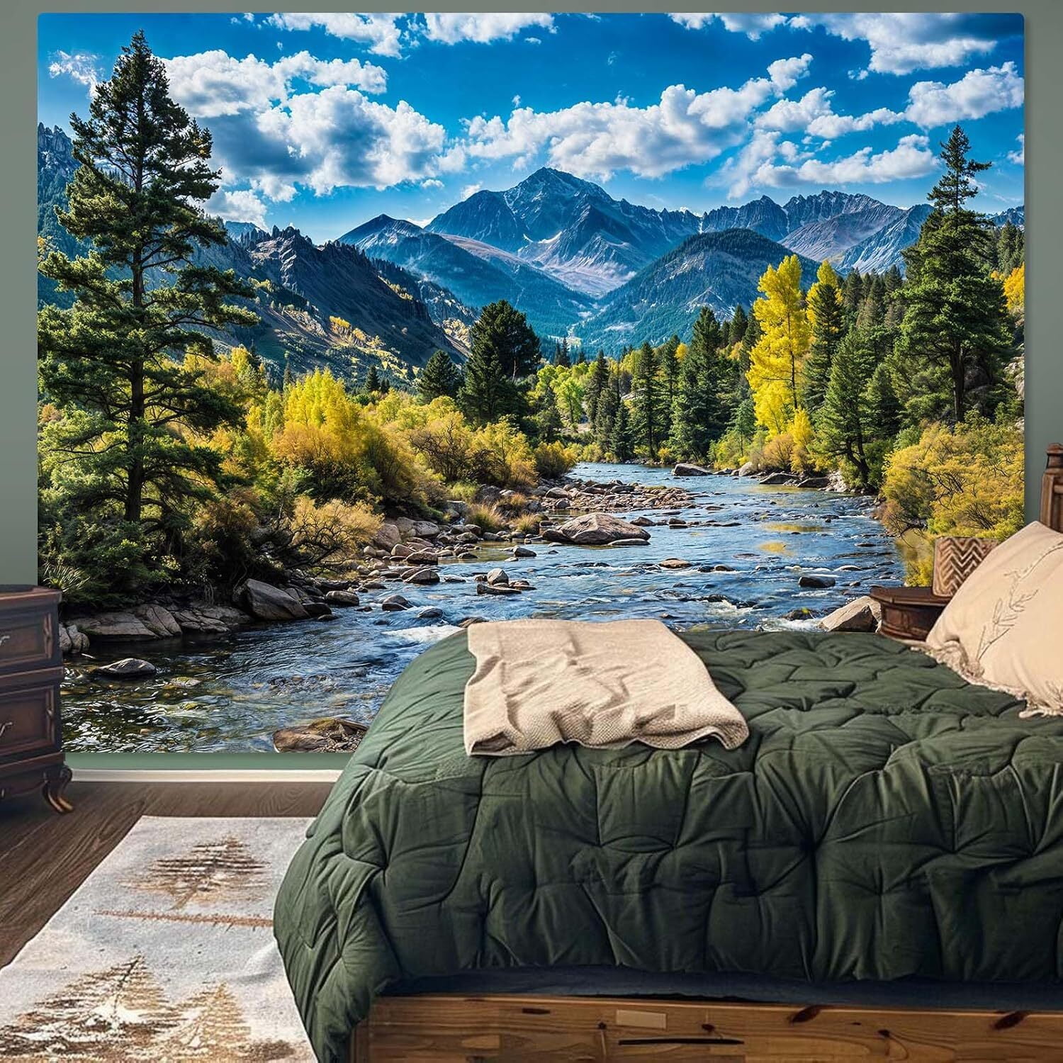 Nature Forest Mountain Tapestry Green Pine Tree Tapestry for Bedroom Aesthetic White Clouds Flowing River Landscape Classroom Tapestries Wall Hanging for Living Room Dorm Office90x60in