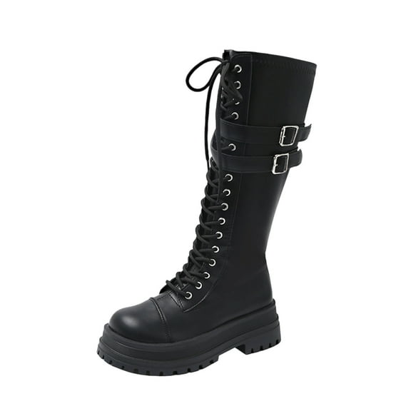 Black Ladies Tall Boots With Lace-Up And Buckle Detail Thick Heel For Casual