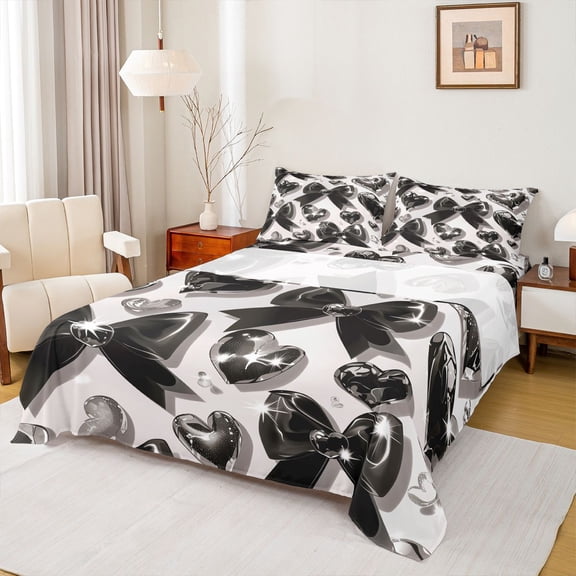 Castle Fairy Black Ribbon Bow Twin Sheet Sets 3pcs for Boys Girls,Kawaii Love Heart Print Twin Fitted Sheet Microfiber,Dreamy Princess Breathable Flat Sheet,Lightweight Room Decor