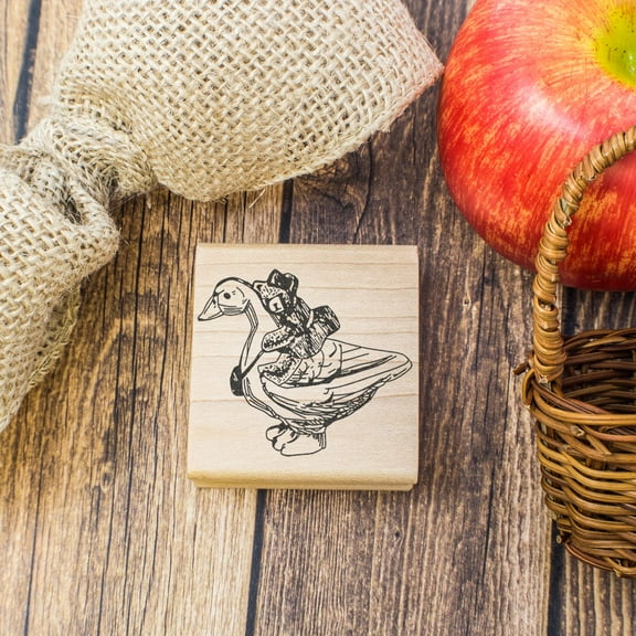 Bear Riding Duck Art Rubber Stamp, Laser Engraved Craft Stamp on Wood Mounted Block, Size 1-3/4” x 1-3/4”, Made in USA