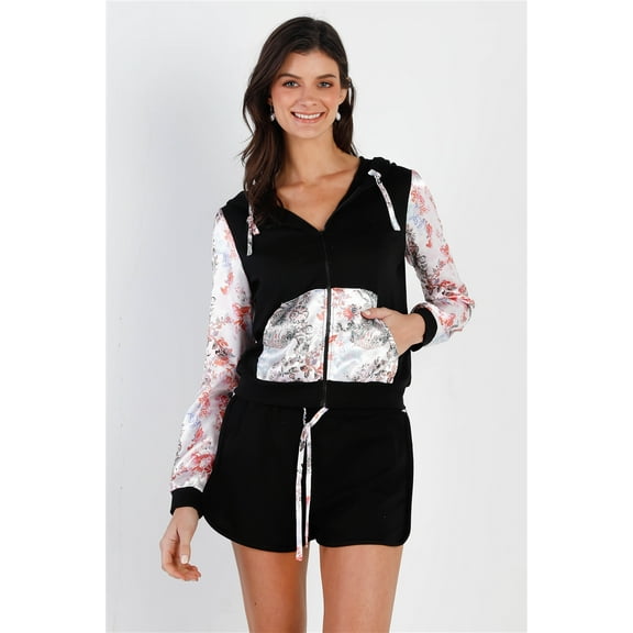 Black & Multi Color Print Colorblock Zip-up Hooded Top & Short Set Black/White S