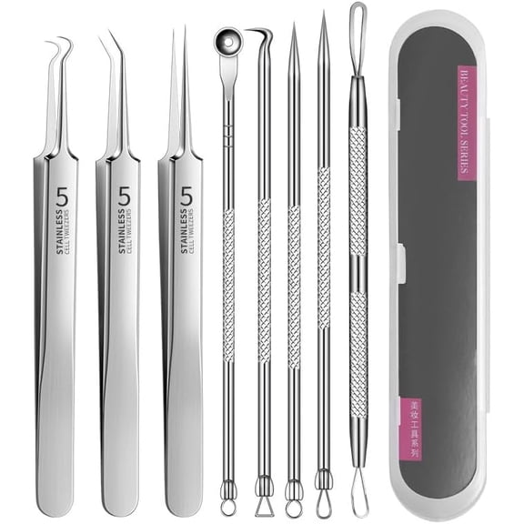 Professional Facial Blackhead Remover Tweezers,Stainless steel blackhead remover kit,Extractor Acne Removal Kit Pimple Popper Tool, Acne Clip, Ingrown Hairs Tweezers (Set C)