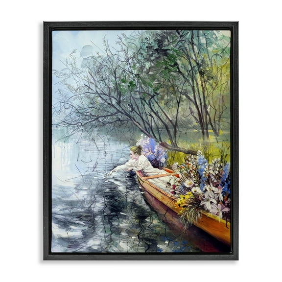Stupell Industries Woman in Floral Filled Boat Landscape & Nature Painting Black Floater Framed Canvas Art Print Wall Art, 17 x 21