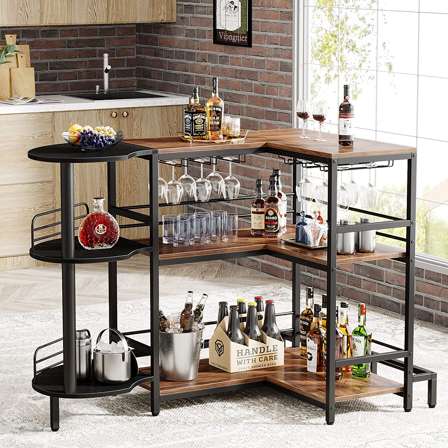 Tribesigns Home Bar Unit, 3Tier LShaped Liquor Bar Table With Storage