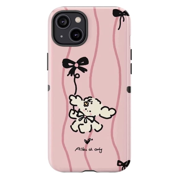 Cute Fluffy Dog with Black Bow Phone Case, Aesthetic Pink Wavy Pattern Kawaii Puppy Cover for iPhone 17 16 15 14 13 12 11 Pro Plus Mini